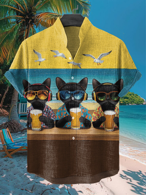 Black Cats Drinking Beer Print Hawaiian Shirt Gifts For Your Boyfriend