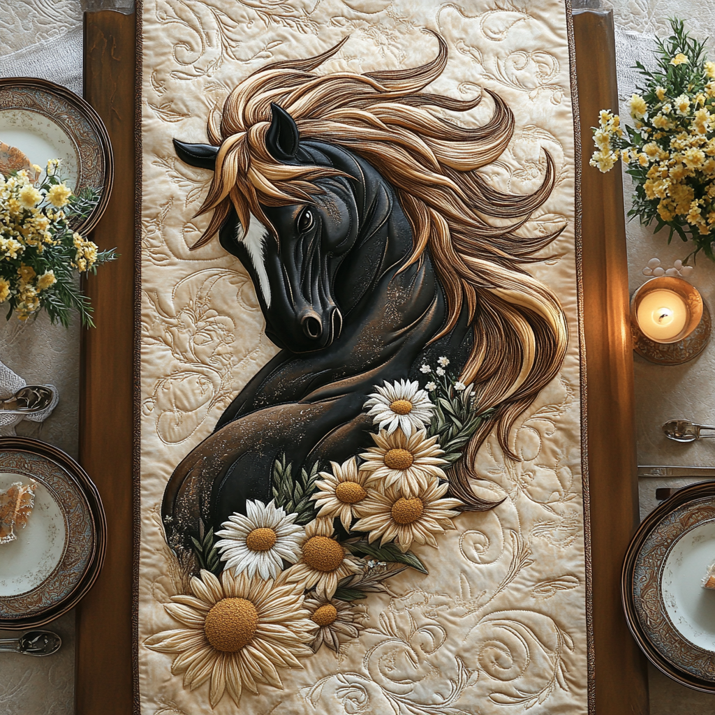 Black Daisy Charm Quilted Table Runner Dining Table Ideas Good Gifts For Horse Owners