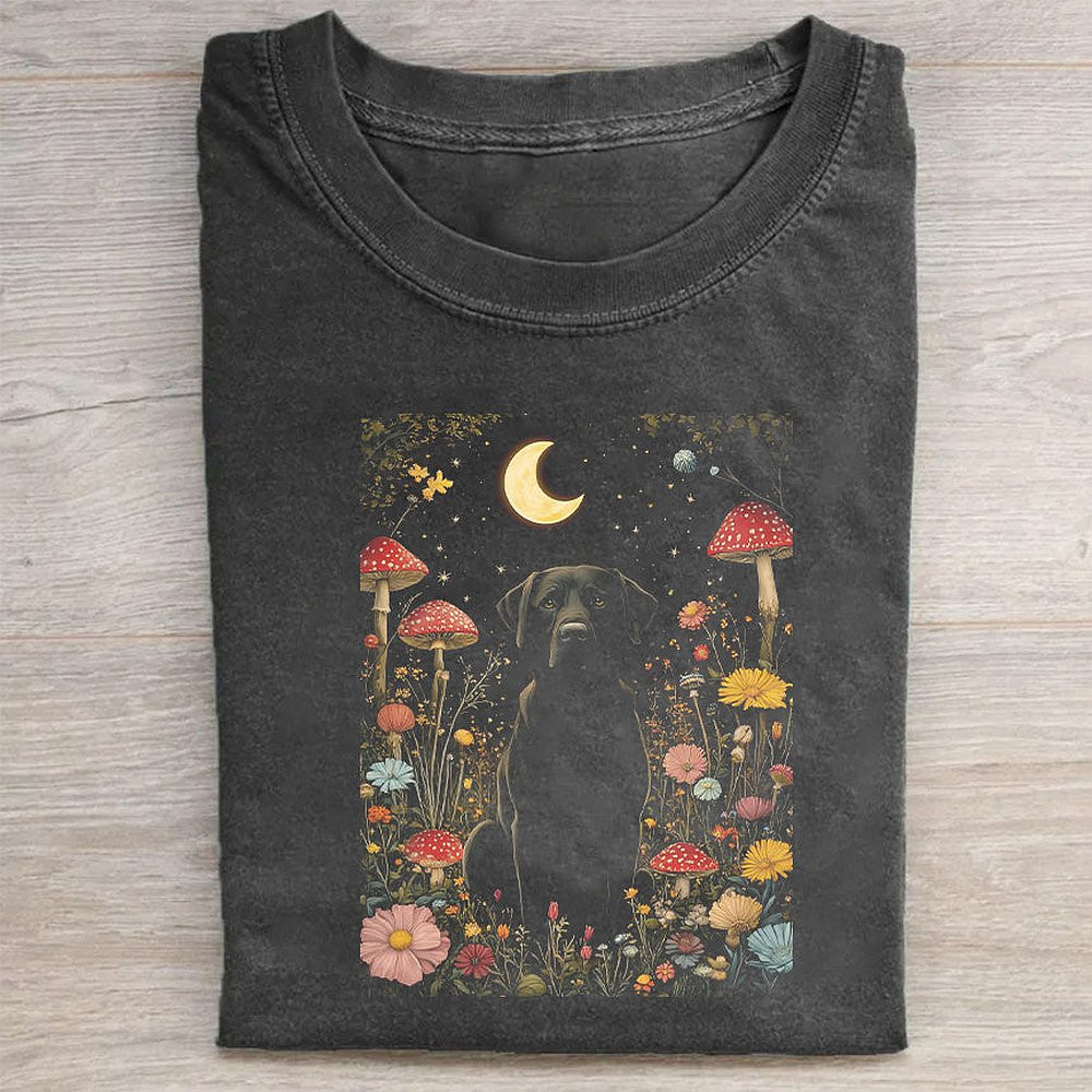 Black Dog In Floral Garden Graphic T-Shirt Cute Dog Lover Tee