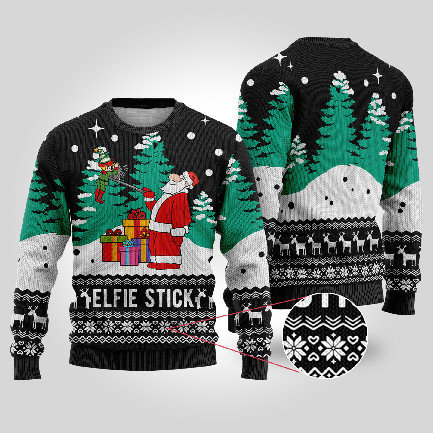 Black Elf Santa Selfie Funny Ugly Christmas Sweater Custom Holiday Sweater Merch That Warms the Heart