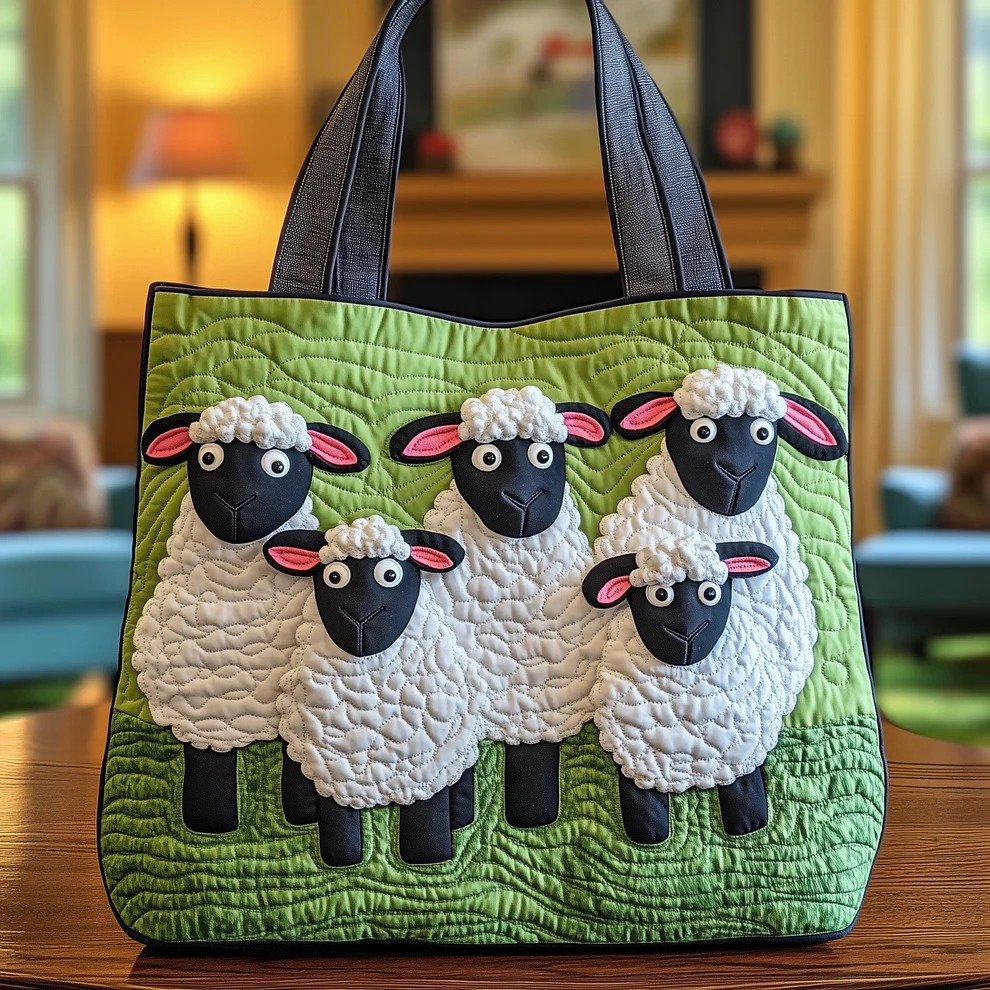 Black Face Cartoon Sheep Quilted Tote Bag Cute Funny Farm Animal Lover Country Nature Gift For Mother