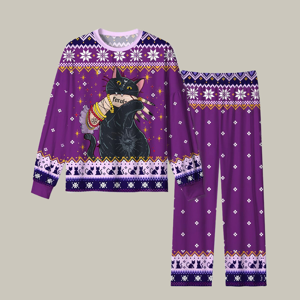 Black Feral Cat Christmas Pajamas Fantasy Themed Winter Clothing Cat Gifts For Christmas