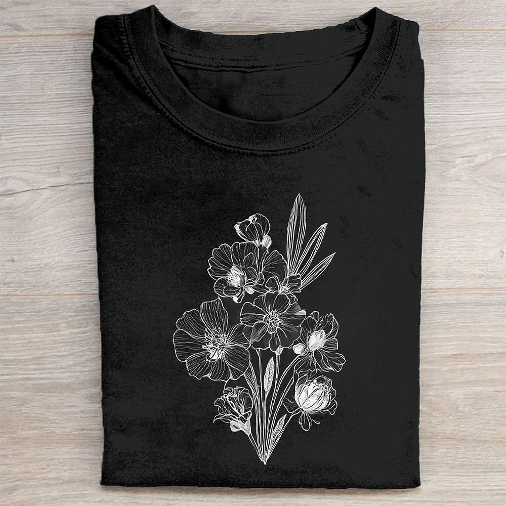 Black Floral Graphic T-Shirt Elegant Botanical Tee