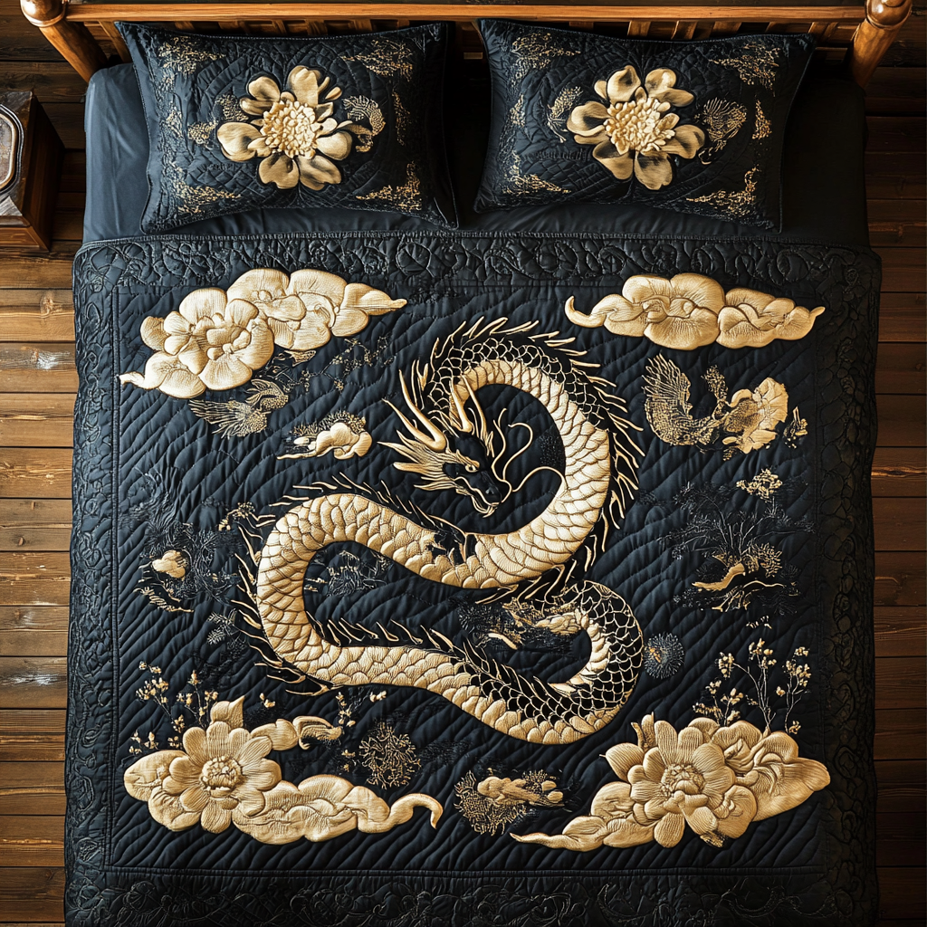 Black Gold Dragon Quilted Bedding Set Duvet Cover Bedspread Present Ideas For Friends
