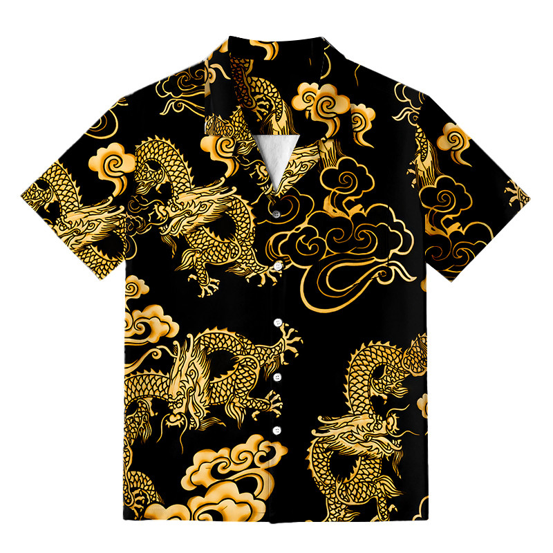 Black Gold Oriental Dragon Button Up Shirt Vintage Style Mythology Shirt Dragon Lover Gifts