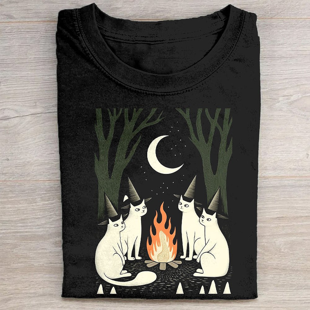 Black Graphic T-Shirt With Cats Around Campfire Unisex Funny Cat Tee
