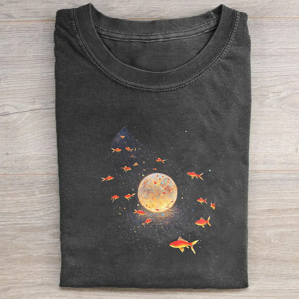 Black Graphic T-Shirt With Moon And Fish Print Aesthetic Nature Tee