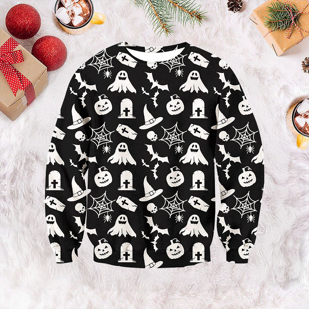 Black Halloween Pattern Ugly Christmas Sweater Halloween Sweater Holiday Gifts
