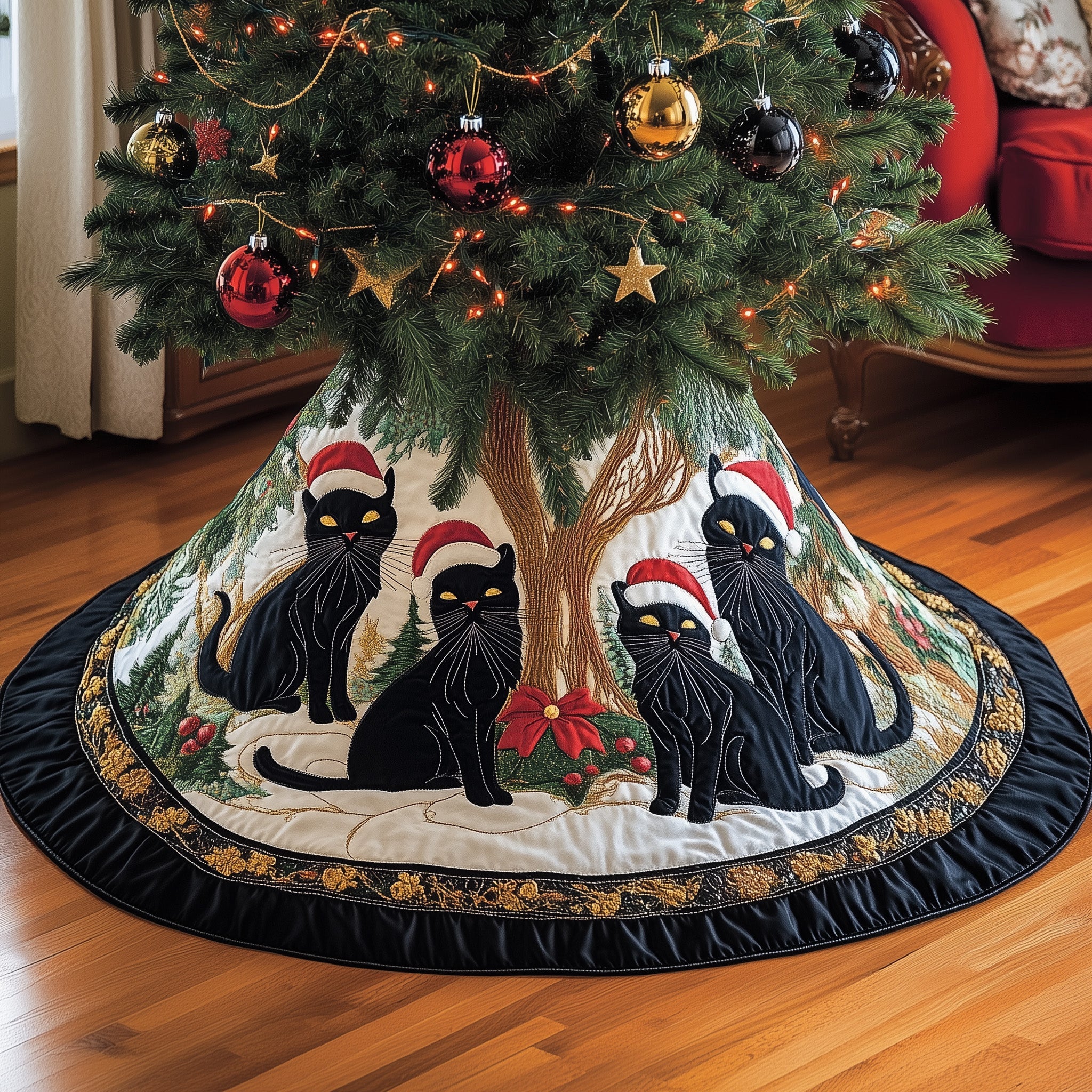 Black Holiday Cat Quilted Tree Skirt Spring Merch Pick