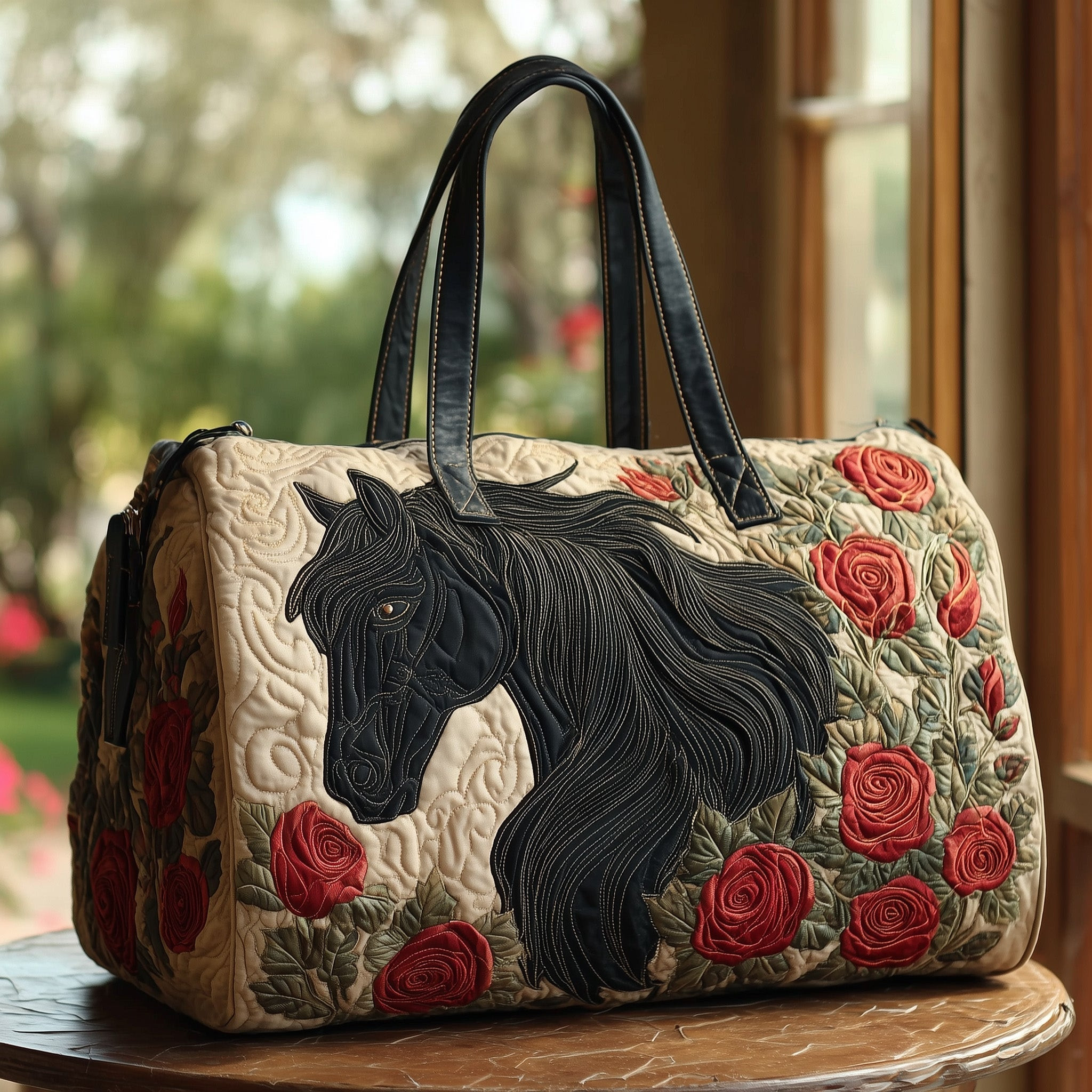 Black Horse Red Rose Quilted Duffle Bag Romantic Equestrian Best Gift For Horse Lovers