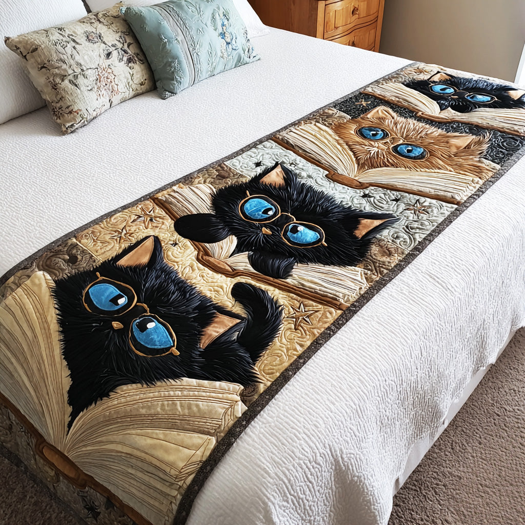Black Ink Cat Quilted Bed Runner Cozy Bedroom Decor Gift Ideas For Cat Lovers