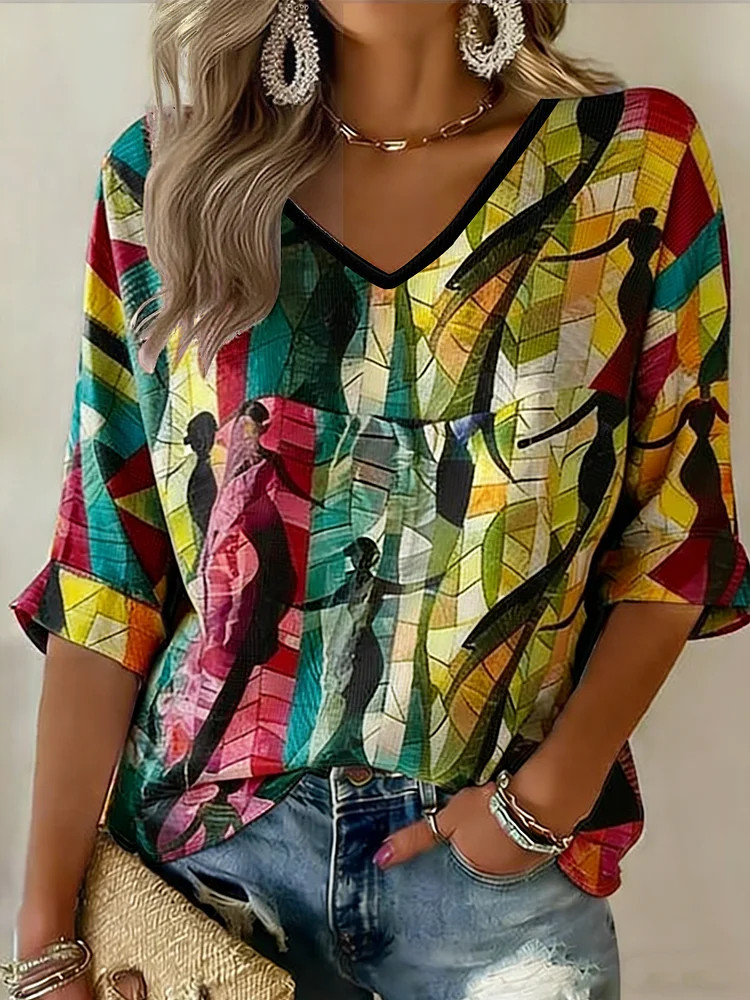 Black Juneteenth V-Neck Long Sleeve Shirt African Figure Silhouette Apparel Best Mom Gift