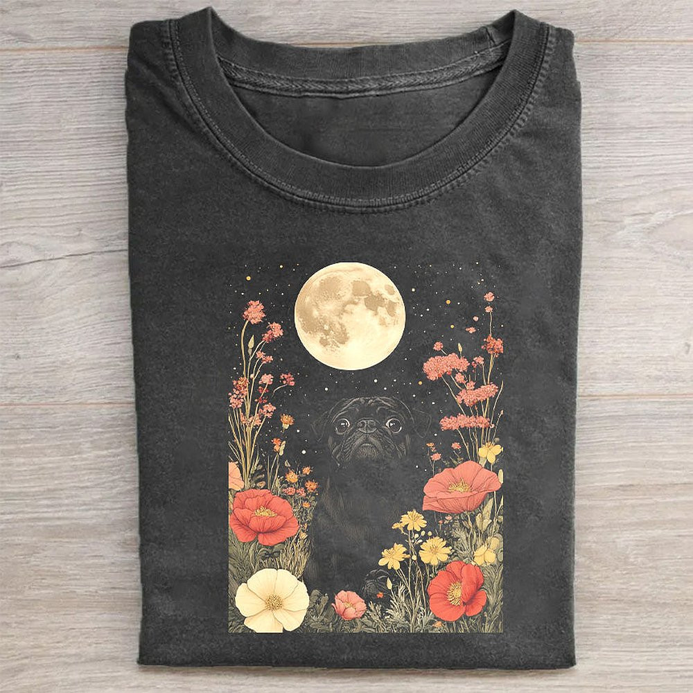 Black Labrador With Flowers And Moon Graphic T-Shirt Dog Lover Tee