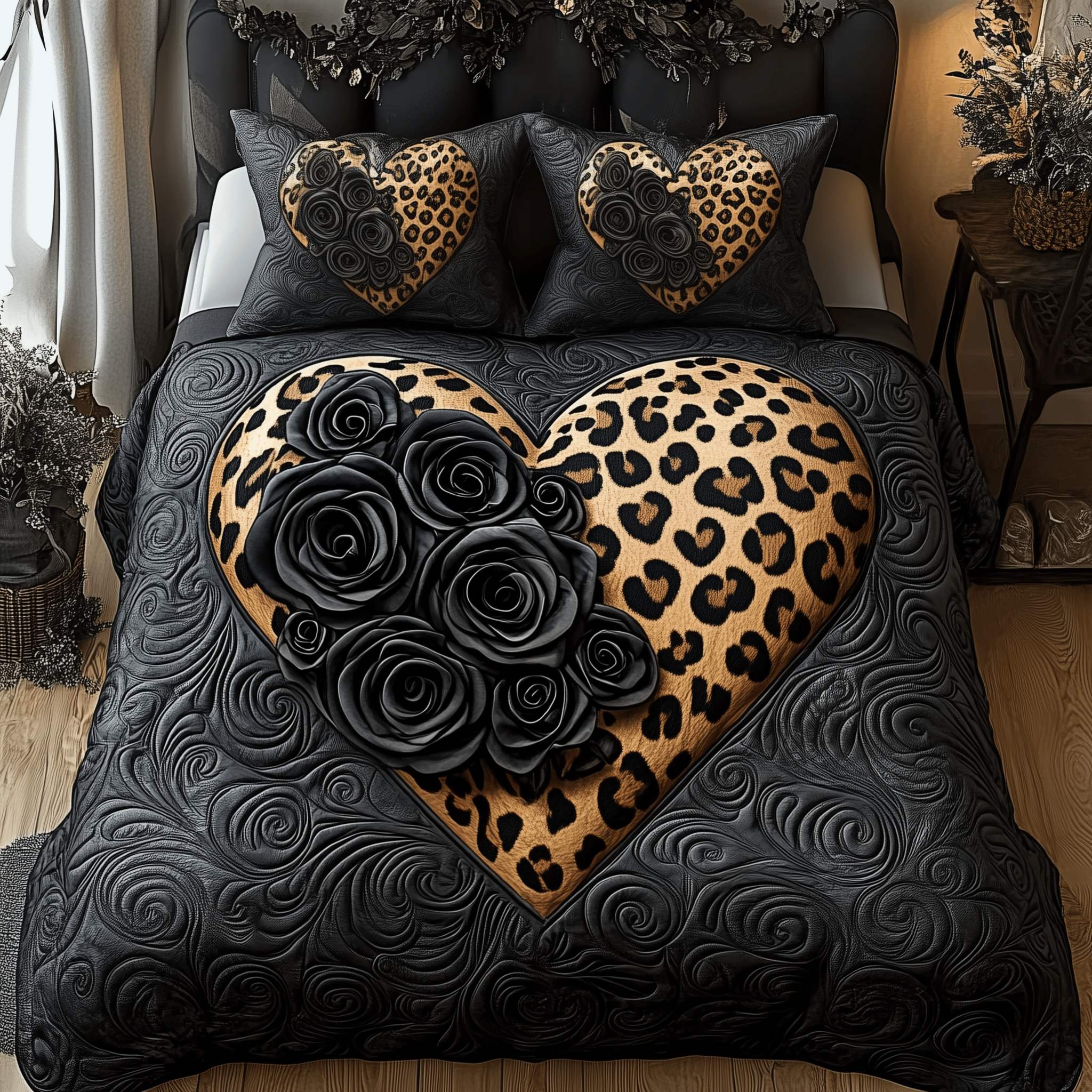 Black Leopard Rose Quilted Bedding Set Christmas Bedding Set Gift Experiences For Couples