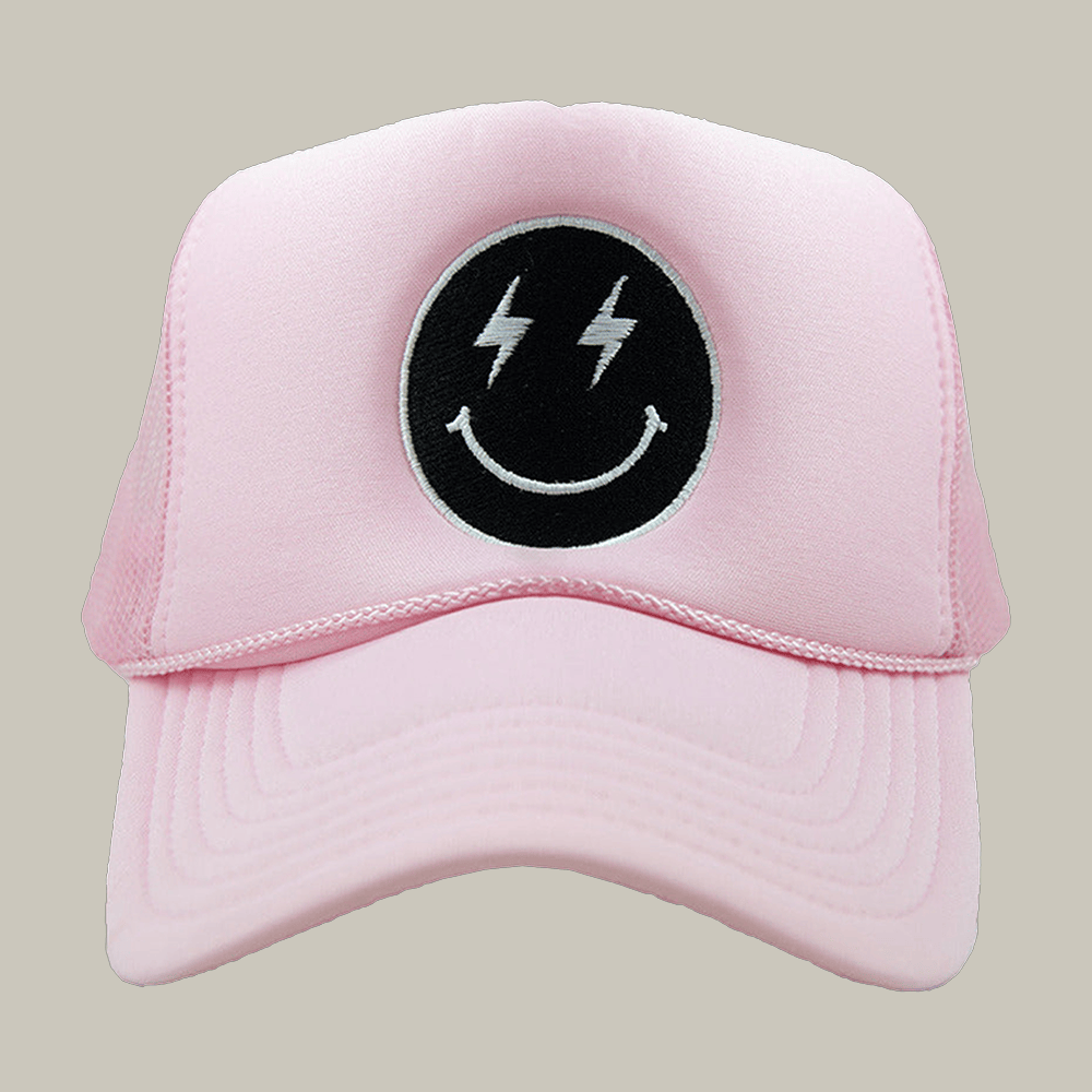 Black Lightning Happy Face Foam Trucker Hat Smiley Face Design Katydid Merch Gift Ideas
