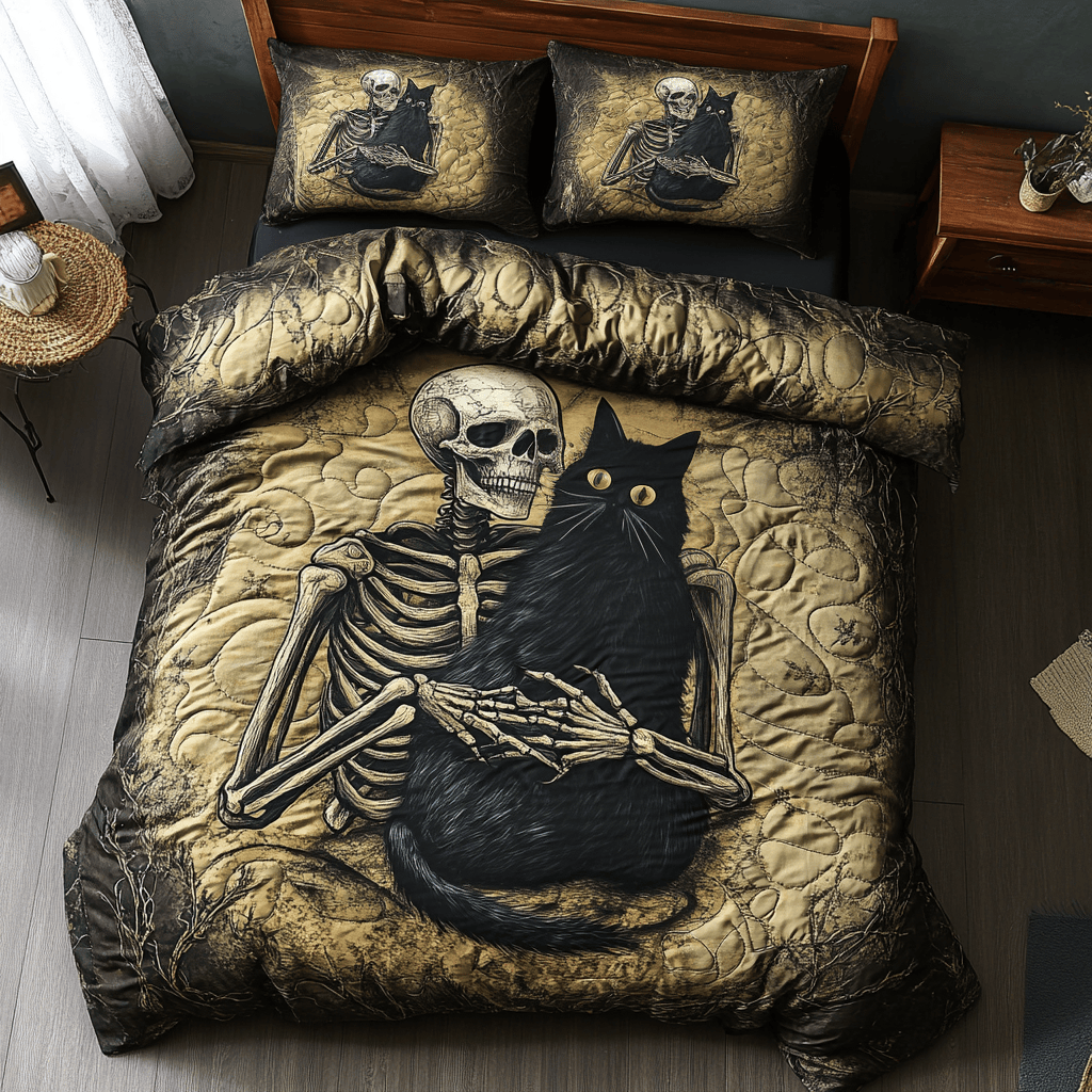 Black Lovely Cat And Skull Always With Me Bedding Set Best Halloween Decoration Gift For Friends and Family