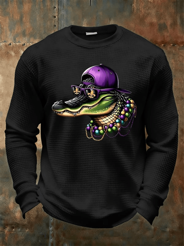 Black Mardi Gras Alligator Print Waffle Long Sleeve T-Shirt Mardi Gras Apparel For Men