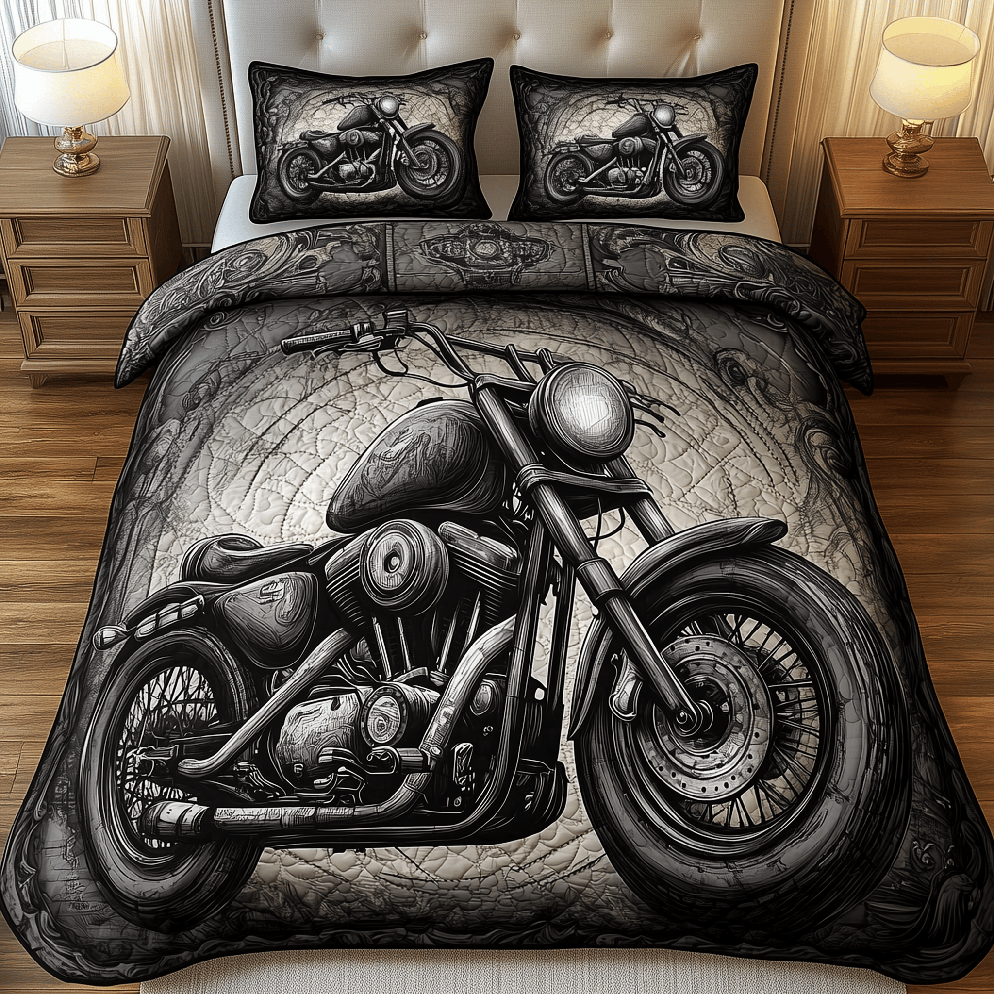 Black Motorcycle Quilted Bedding Sett Christmas Bedding Set Anniversary Gifts For Couples