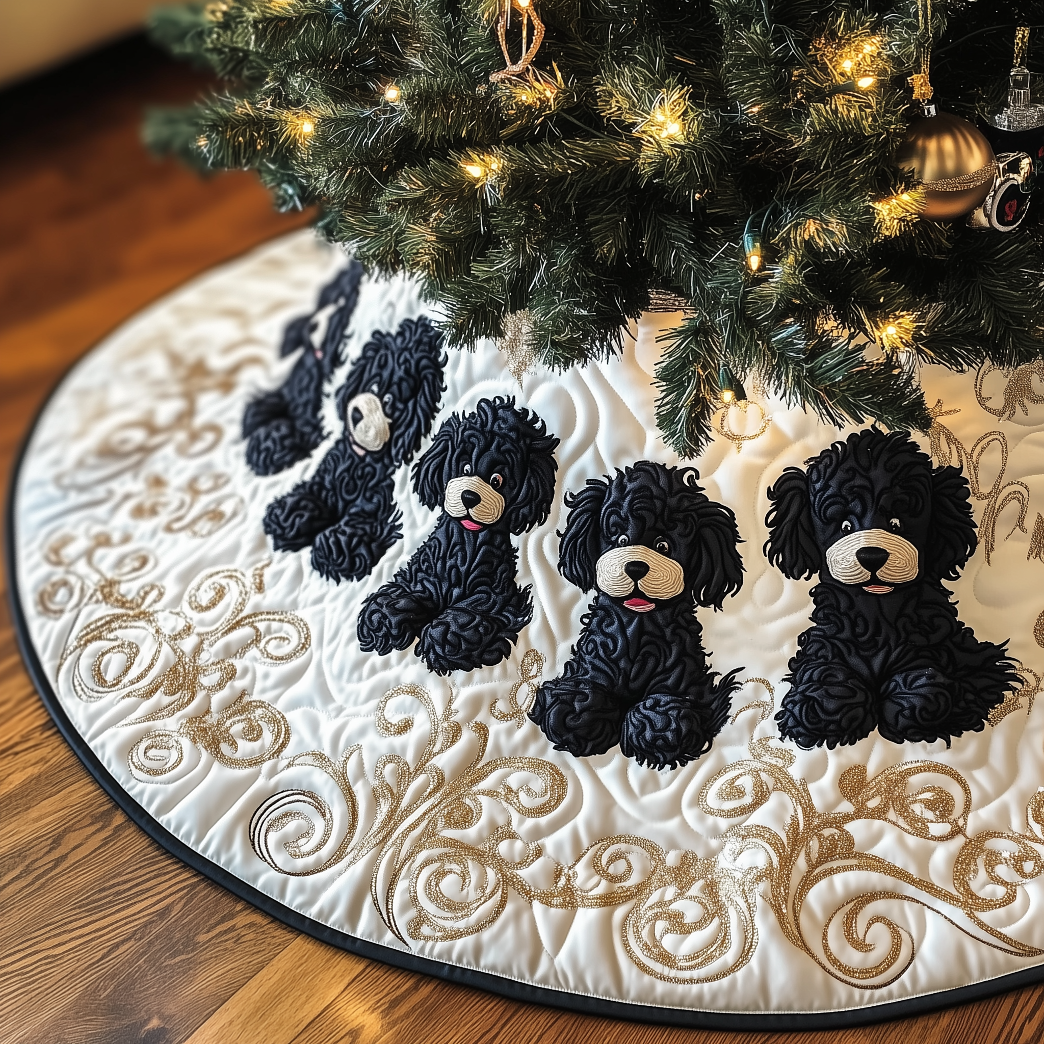Black Poodle Christmas Tree Skirt Quilted Dog Lover Holiday Decor Gift for Pet Owners
