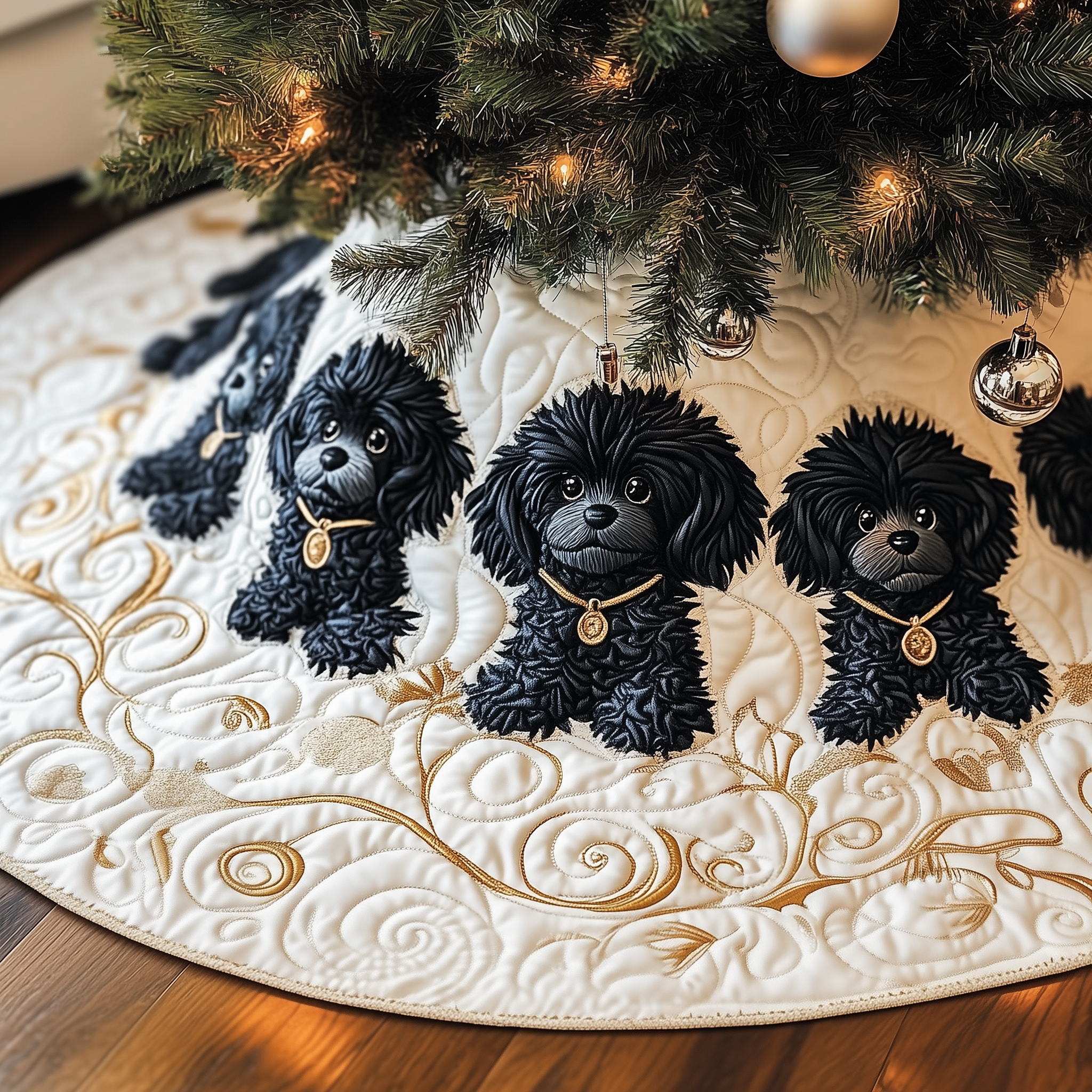 Black Poodle Quilted Tree Skirt Merch For Couples