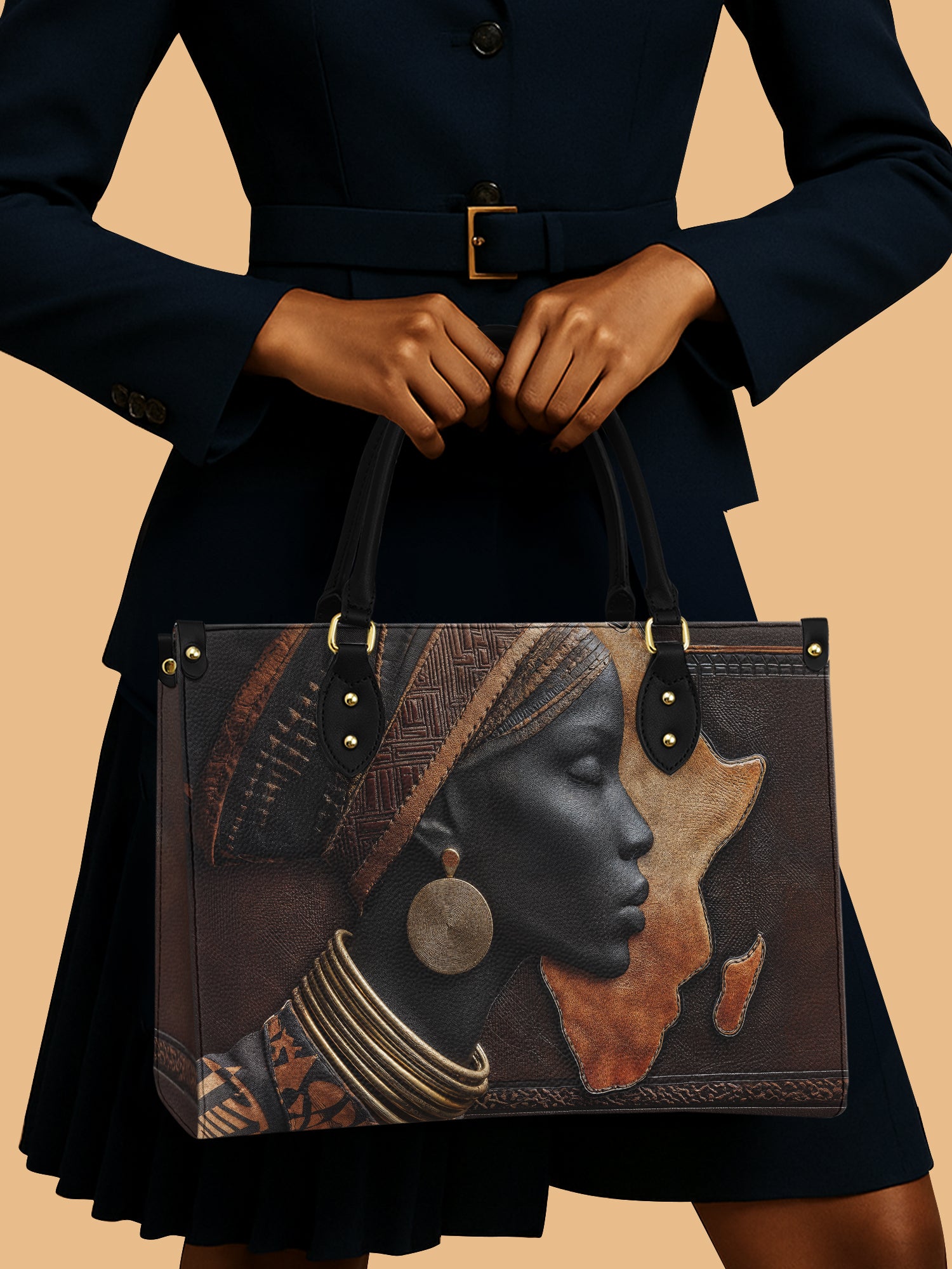 Black Queen Dark Brown Tone Leather Bag African Art Bag Black Woman Presents For Her