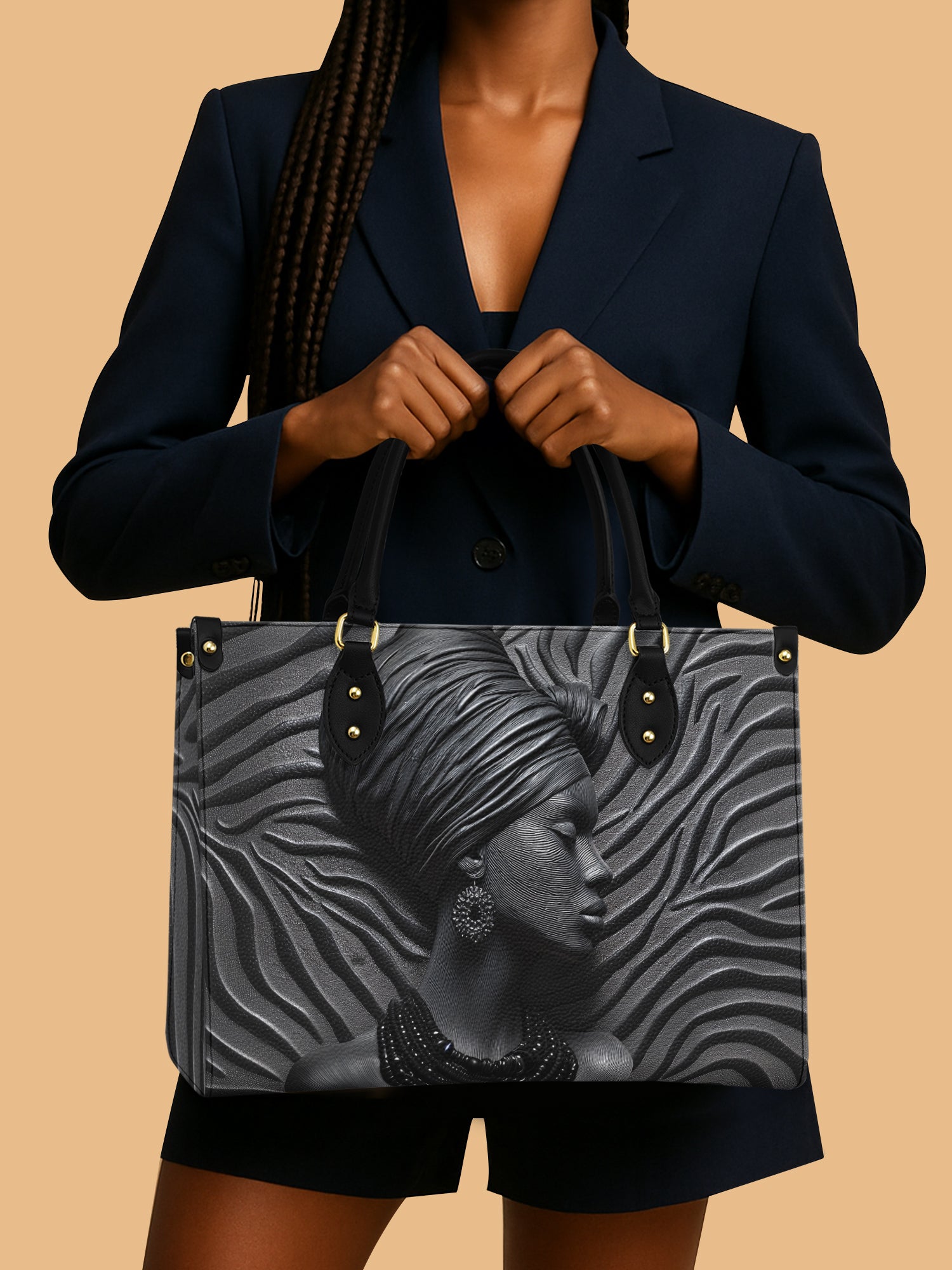 Black Queen Elegance In Relief Leather Bag African Art Theme Bag Black Woman Presents