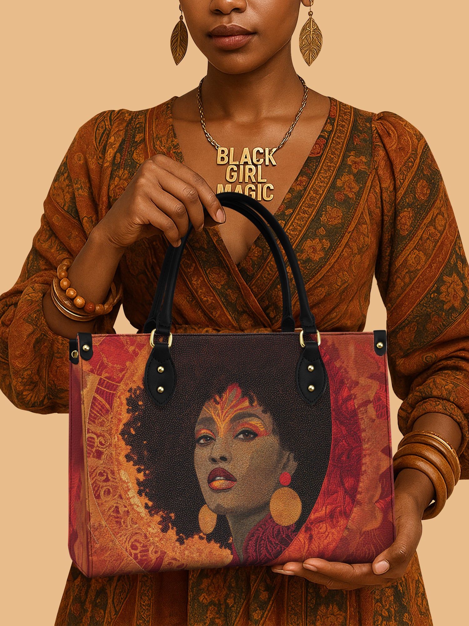 Black Queen Fiery Sun Goddess Leather Bag African Art Bag Black Woman Presents For Her