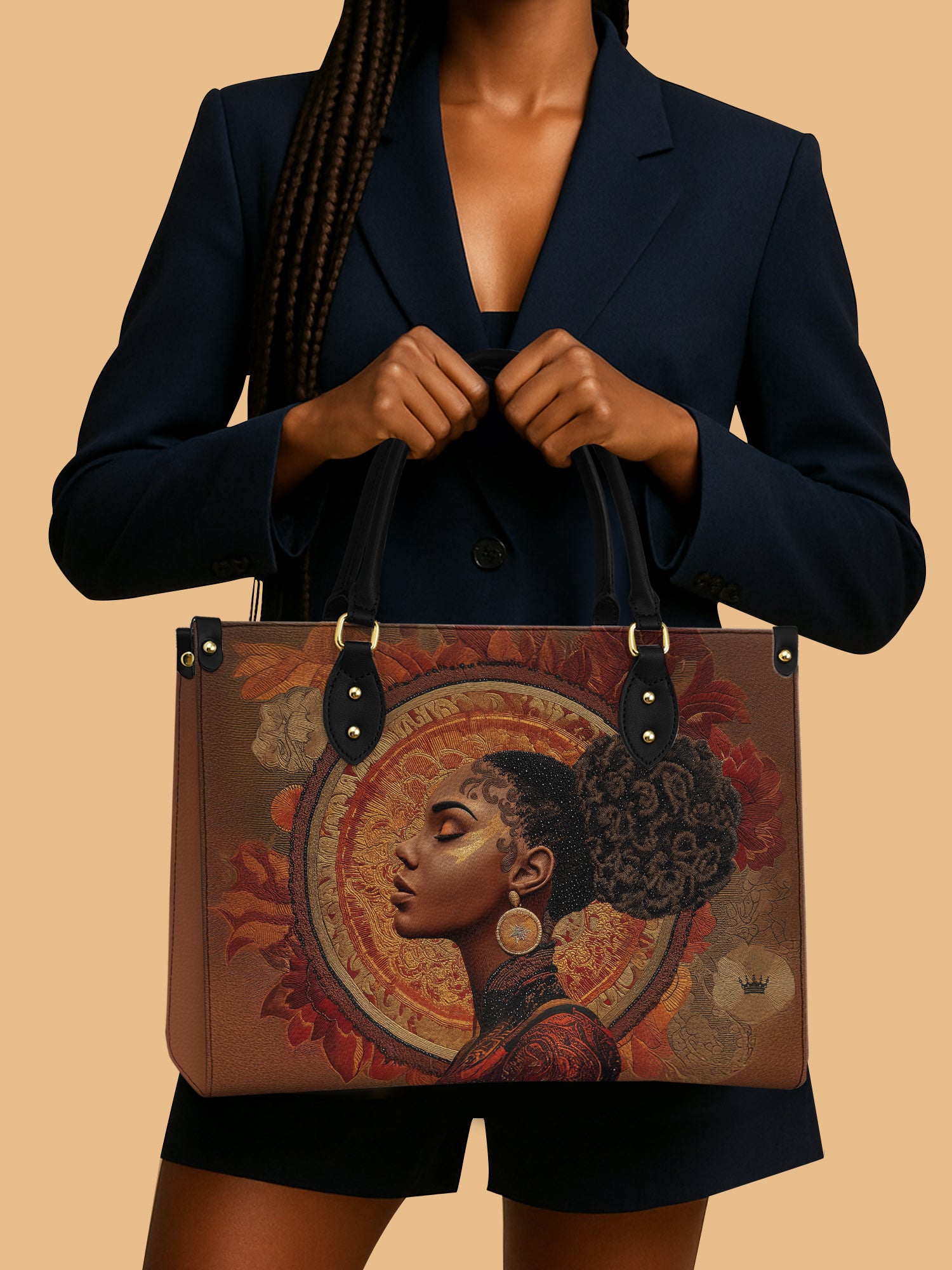Black Queen Mocha Sage Leather Bag African Art Carryall Black Woman Presents For Mom