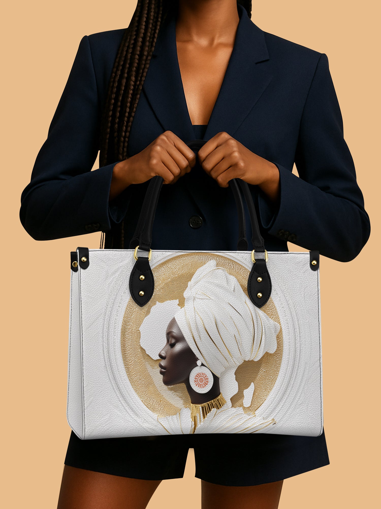 Black Queen Motherland White Leather Bag African Art Carryall Black Woman Gifts For Her