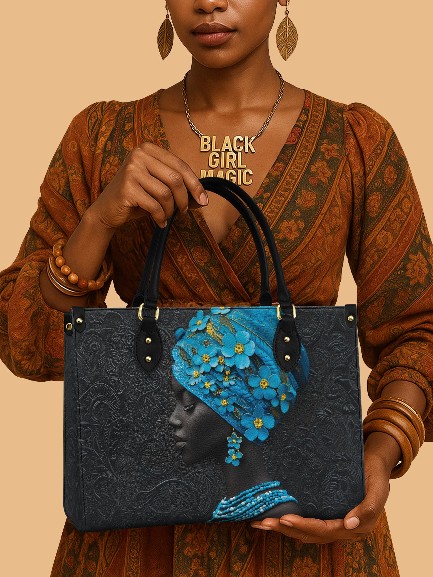 Black Queen Myosotis Blossom Diva Leather Bag African Art Bag Black Woman Gifts For Her