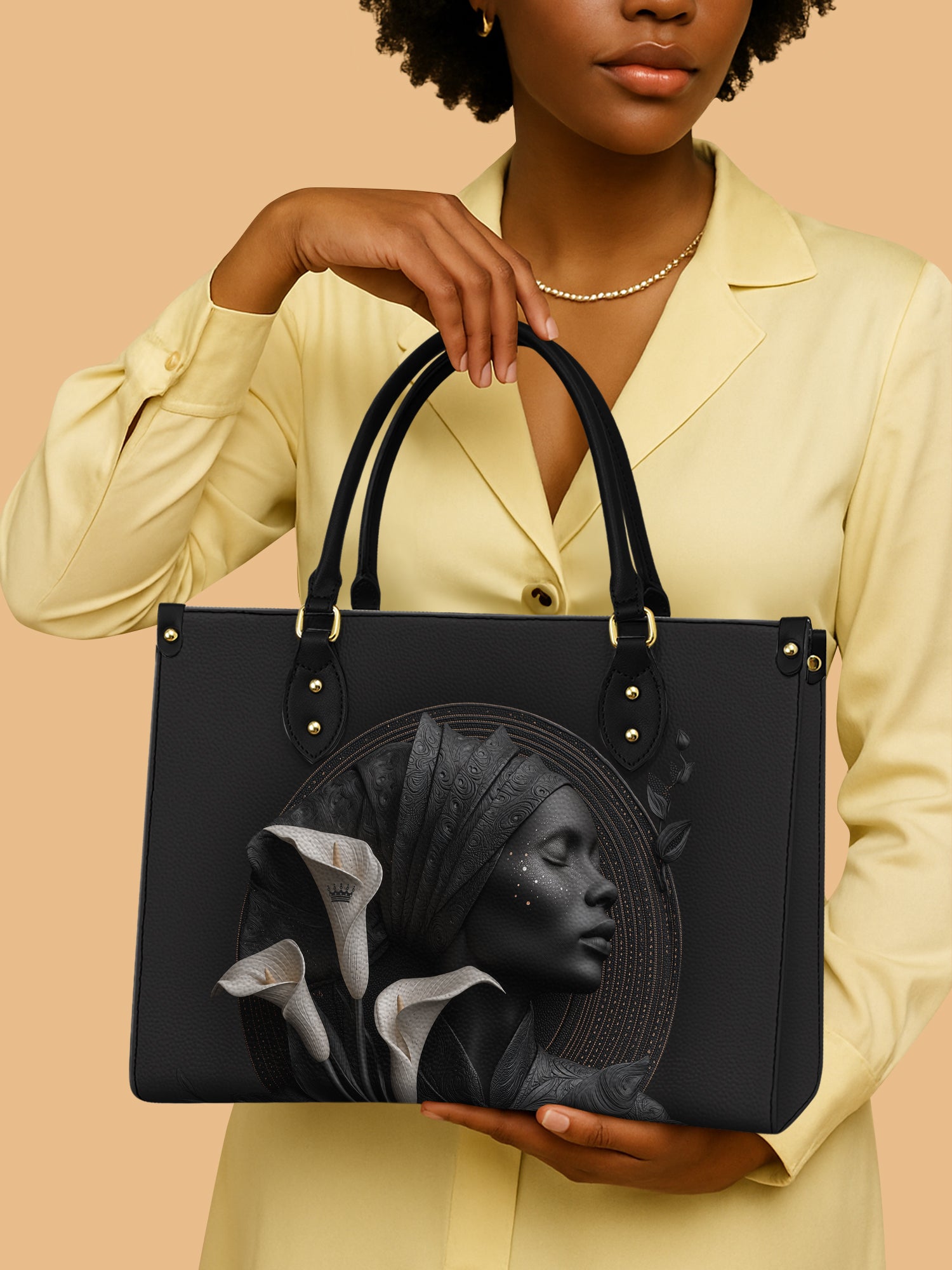 Black Queen Trumpet Lily Leather Bag African Art Bag Black Woman Gifts For Flower Lovers