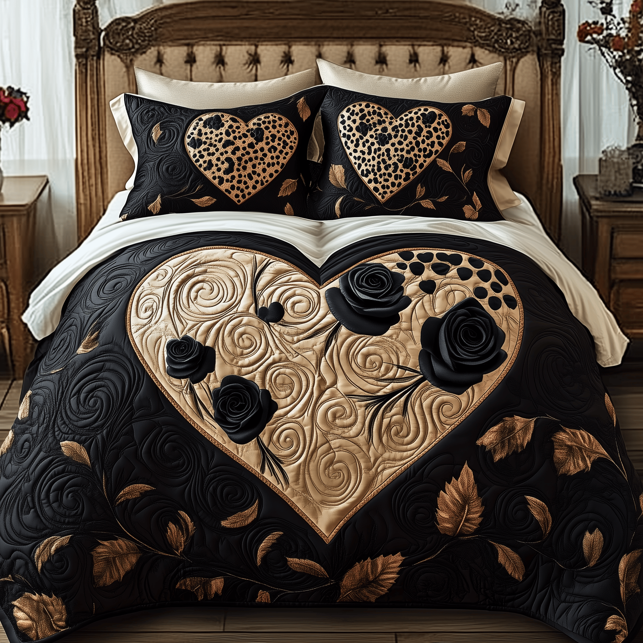Black Rose Quilted Bedding Set Xmas Bedding Set Unique Christmas Gifts For Parents