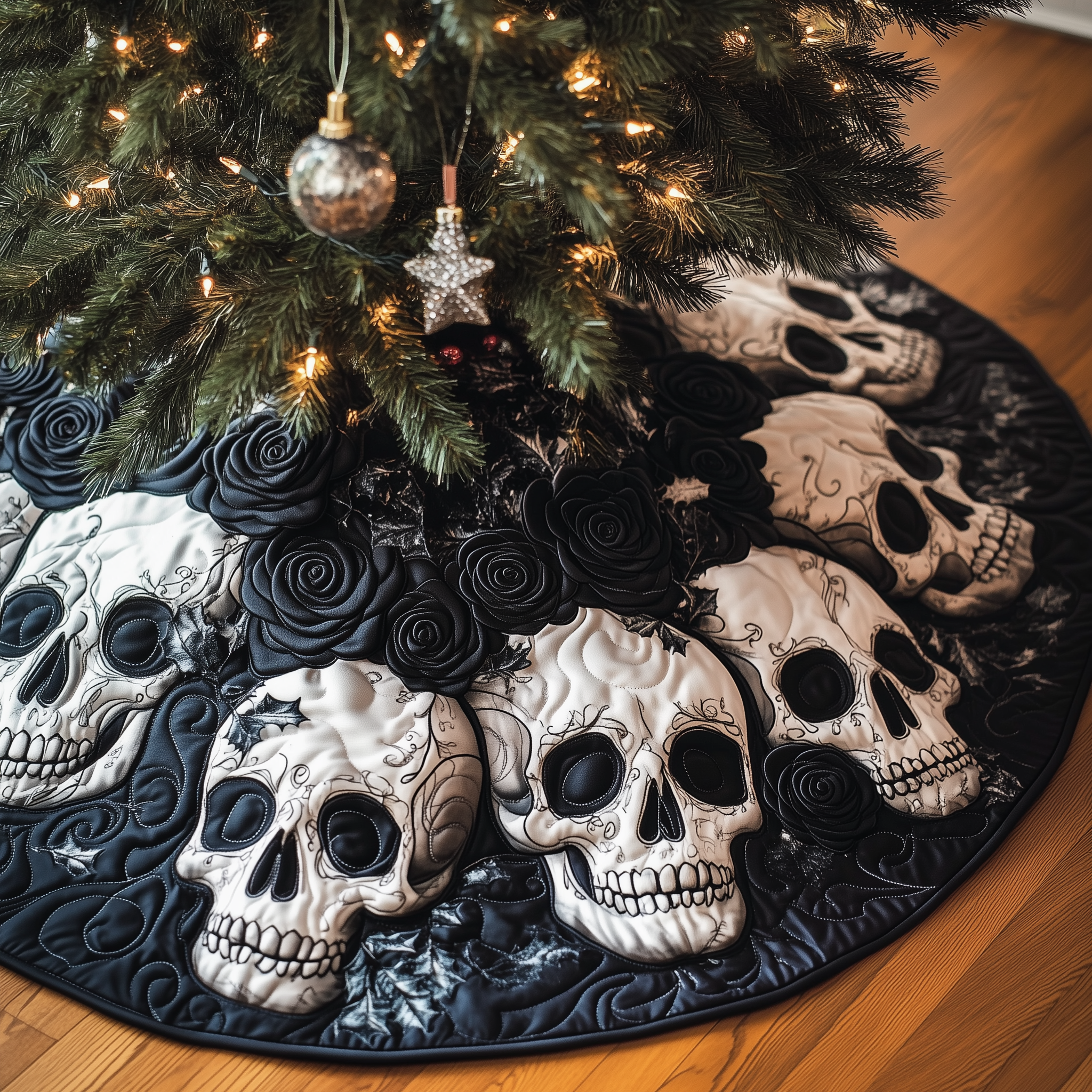 Black Rose Skull Christmas Tree Skirt Quilted Gothic Holiday Decoration Perfect Gift Idea