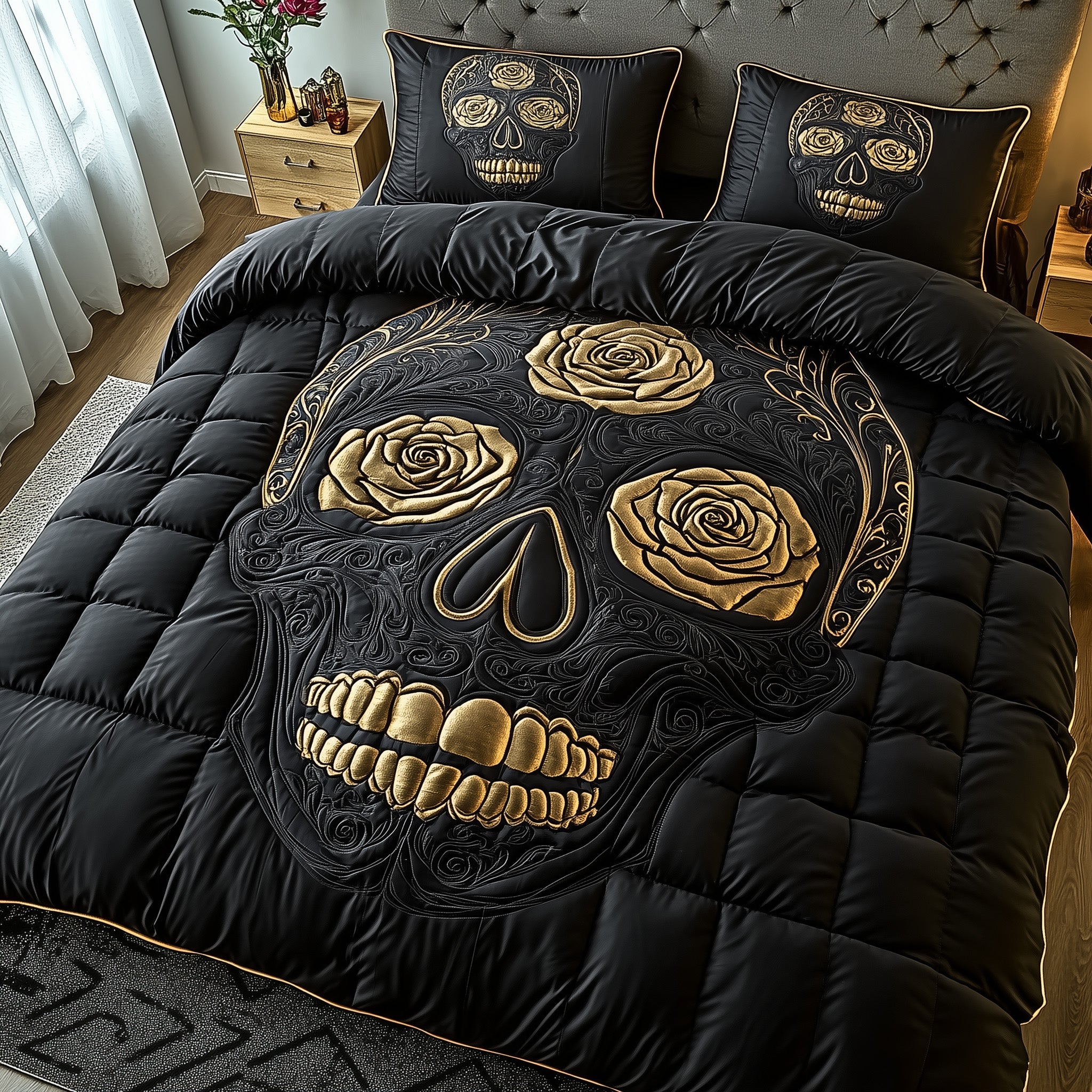 Black Rose Skull Duvet Cover Set Back To School Merch