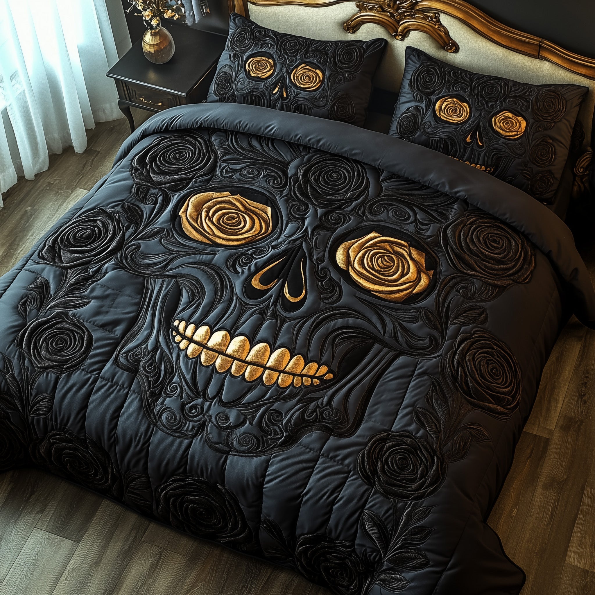 Black Rose Skull Duvet Cover Set Merch For Couples