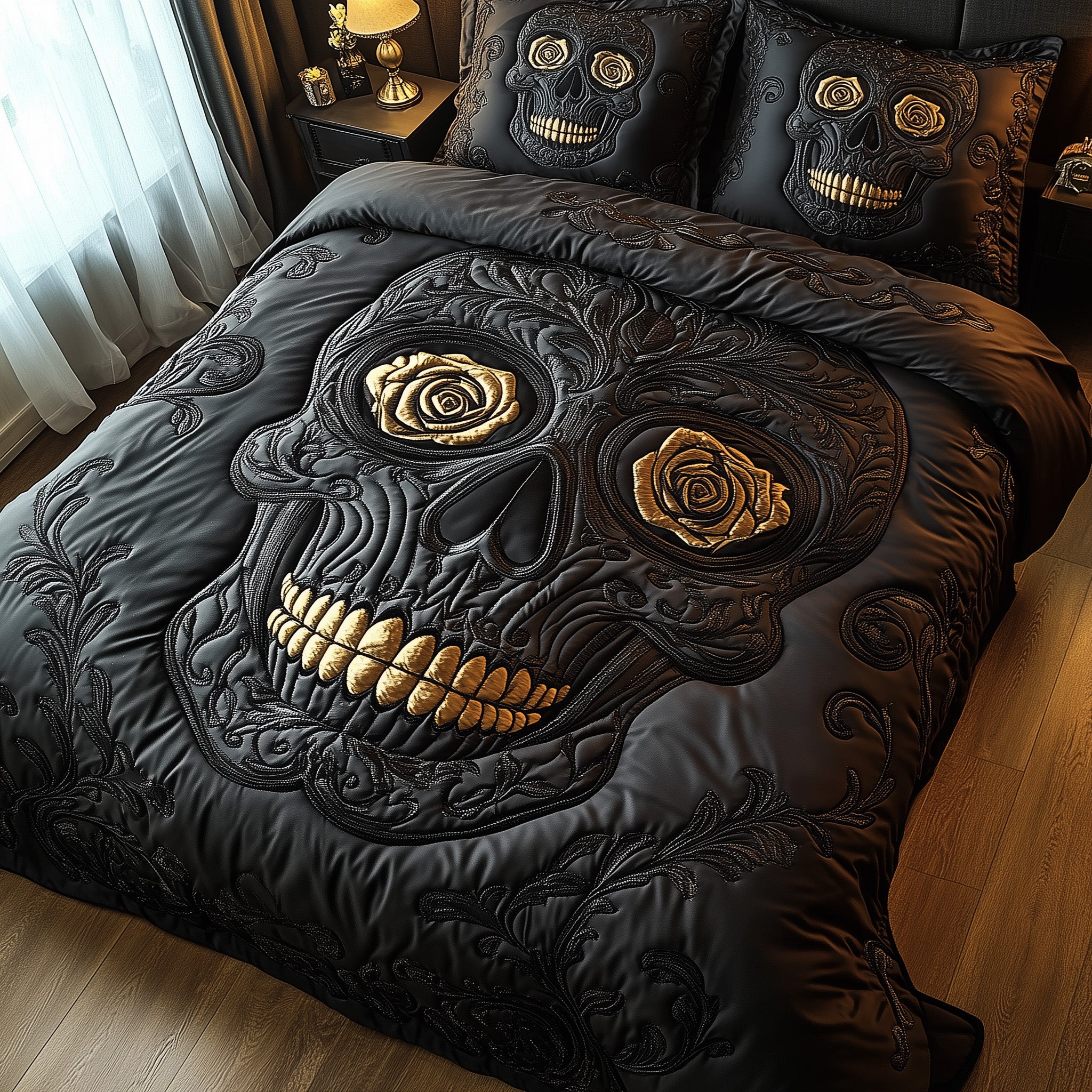Black Rose Skull Duvet Cover Set Merch For Friends
