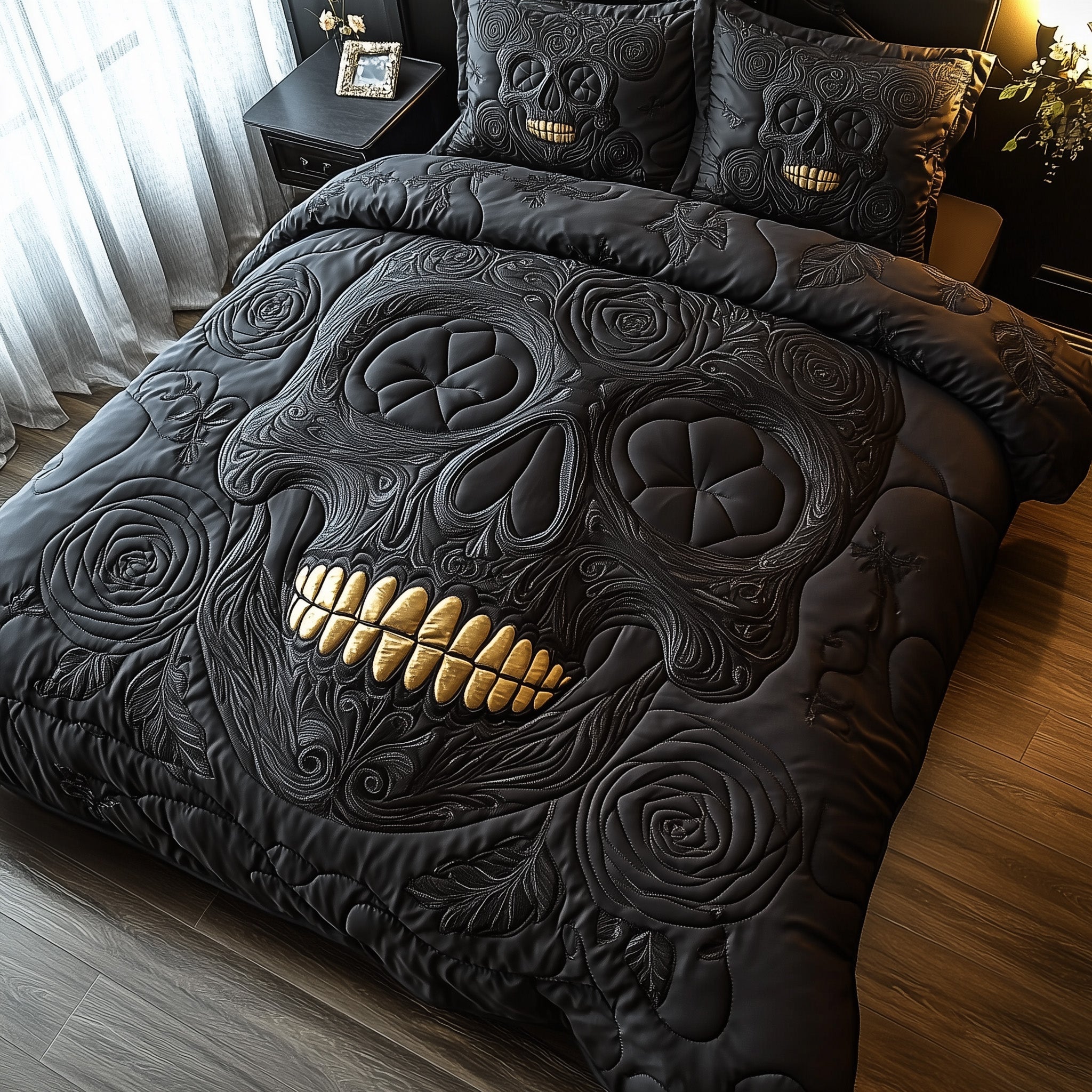 Black Rose Skull Duvet Cover Set Merch For Kids