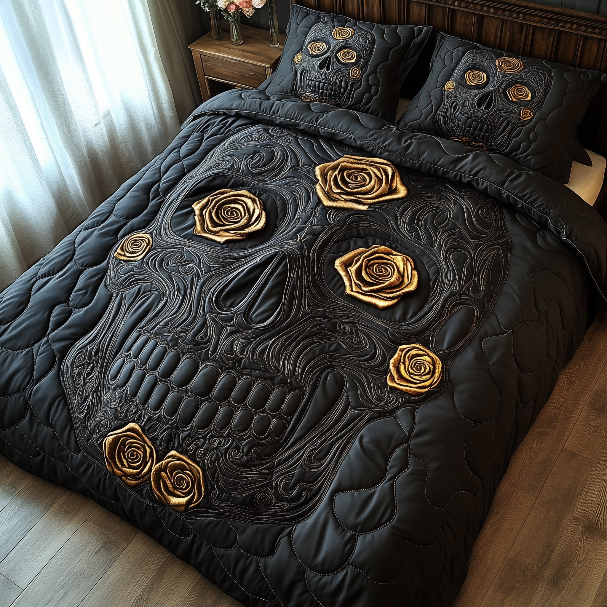 Black Rose Skull Duvet Cover Set Winter Merch Essentials