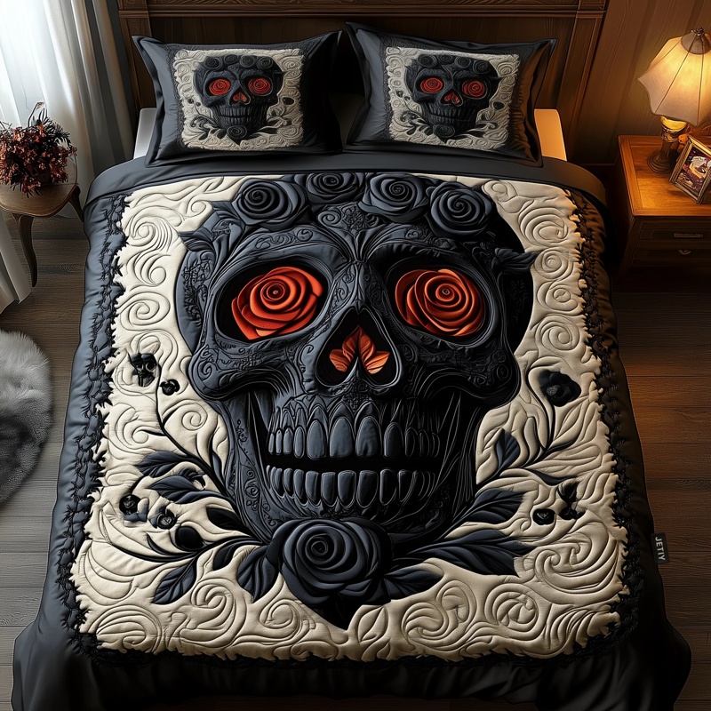 Black Rose Skull Quilted Bedding Set Dark Floral Bedroom Decor Gift For Skull Lovers