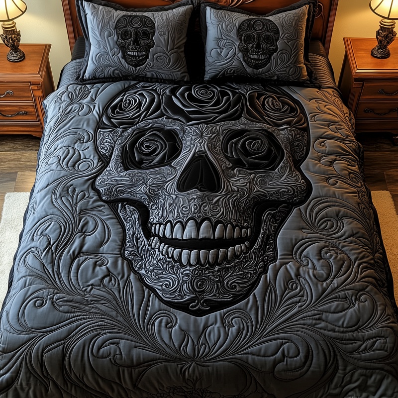 Black Rose Skull Quilted Bedding Set Gothic Bedroom Decor Best Gift For Gothic Lovers