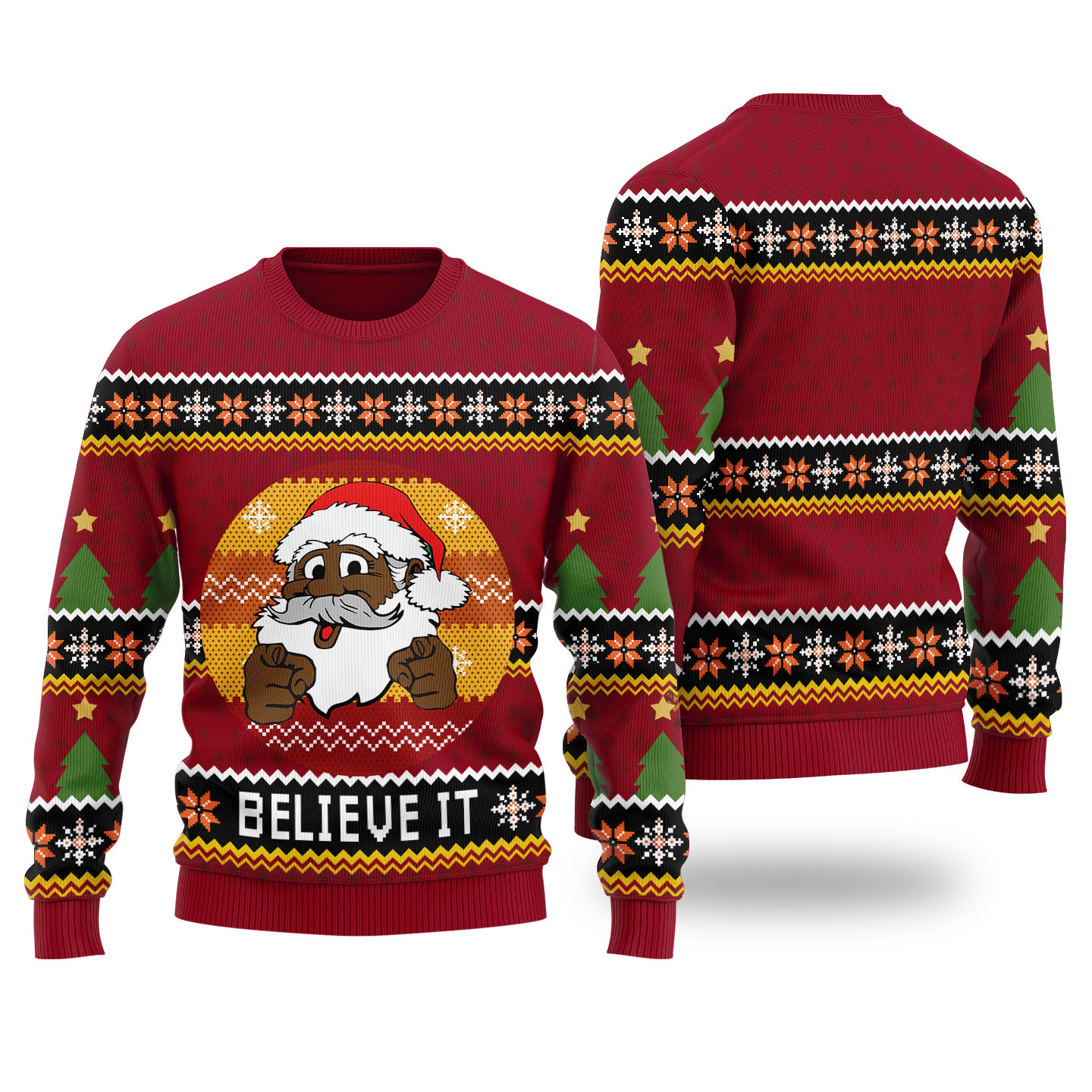 Black Santa Believe It Ugly Christmas Sweaters Cardinal Red Cute Holiday Sweatshirt to Spread Joy