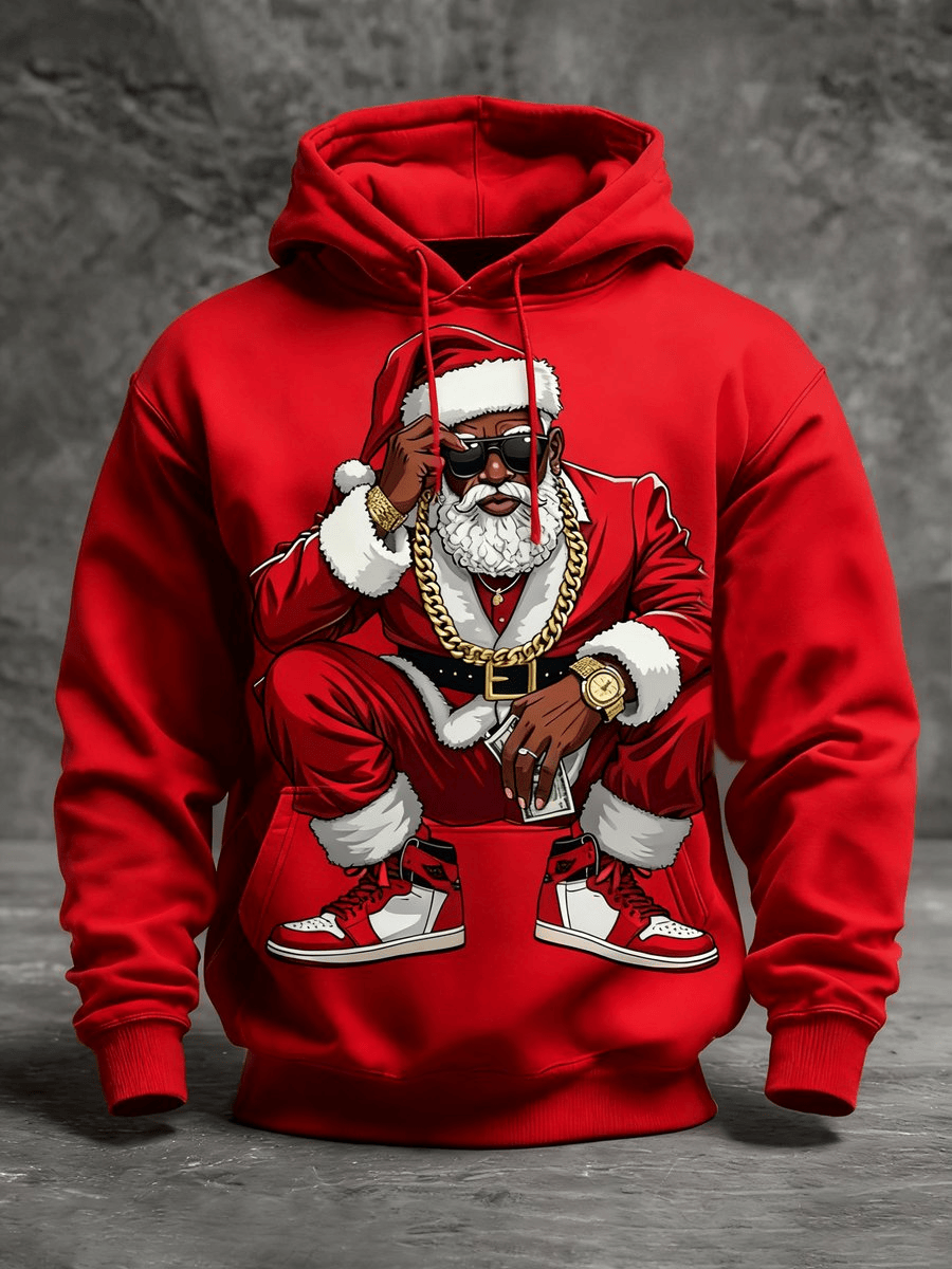 Black Santa Hoodie African American Christmas Print Crew Neck Top Gift for Dad
