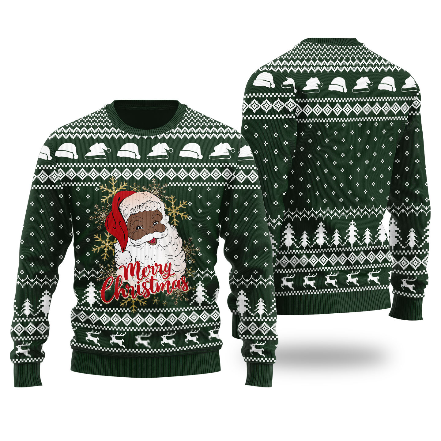 Black Santa Merry Christmas Ugly Christmas Sweater Forest Green Personalized Christmas Sweatshirt Gift for Family