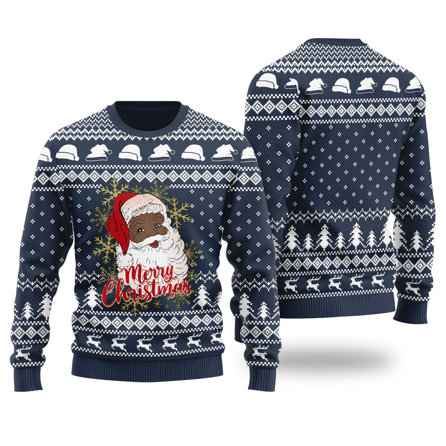 Black Santa Merry Christmas Ugly Christmas Sweater Navy Festive Sweatshirt for Christmas Celebrations