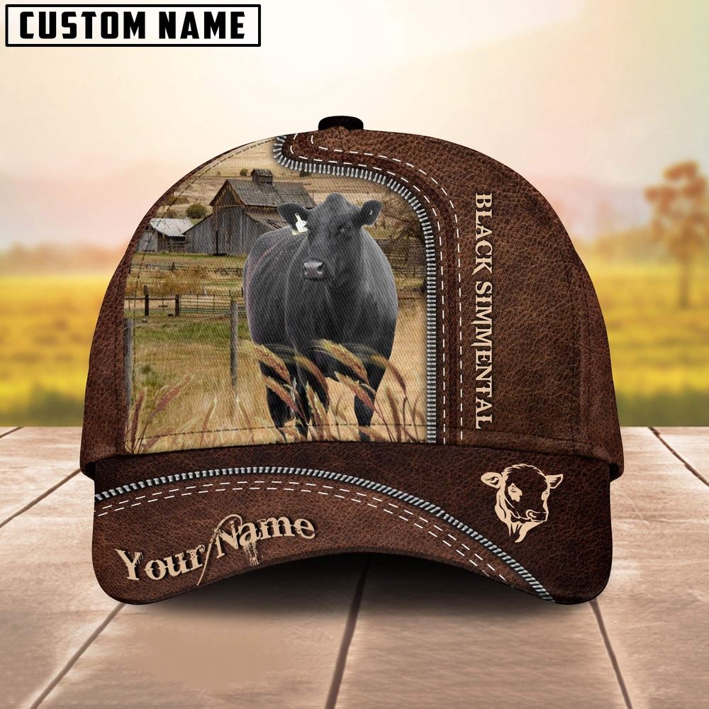 Black Simmental Customized Name Leather Pattern Cap Farm Cap Farmer Baseball Cap