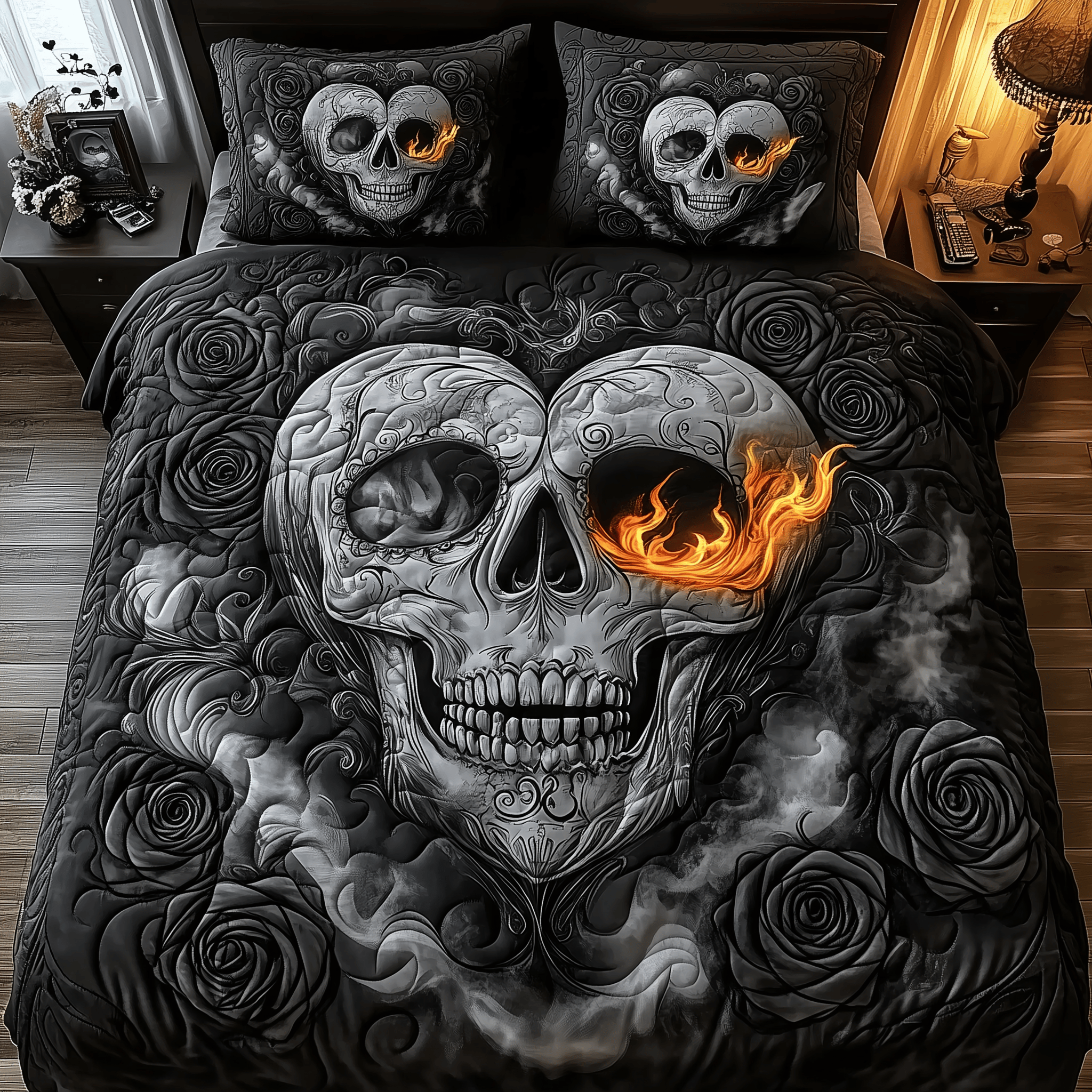 Black Skull Couple Quilted Bedding Set Christmas Bedding Set Gifts For Couples Who Have Everything
