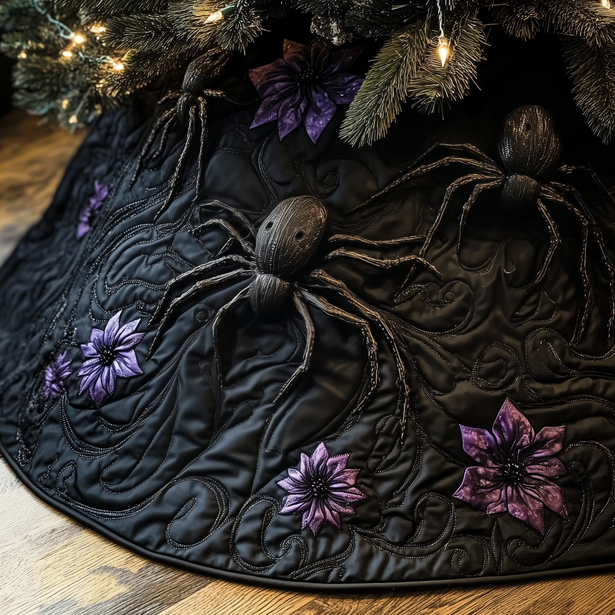Black Spider Christmas Tree Skirt Quilted Gothic Holiday Decor Perfect for Dark Aesthetic