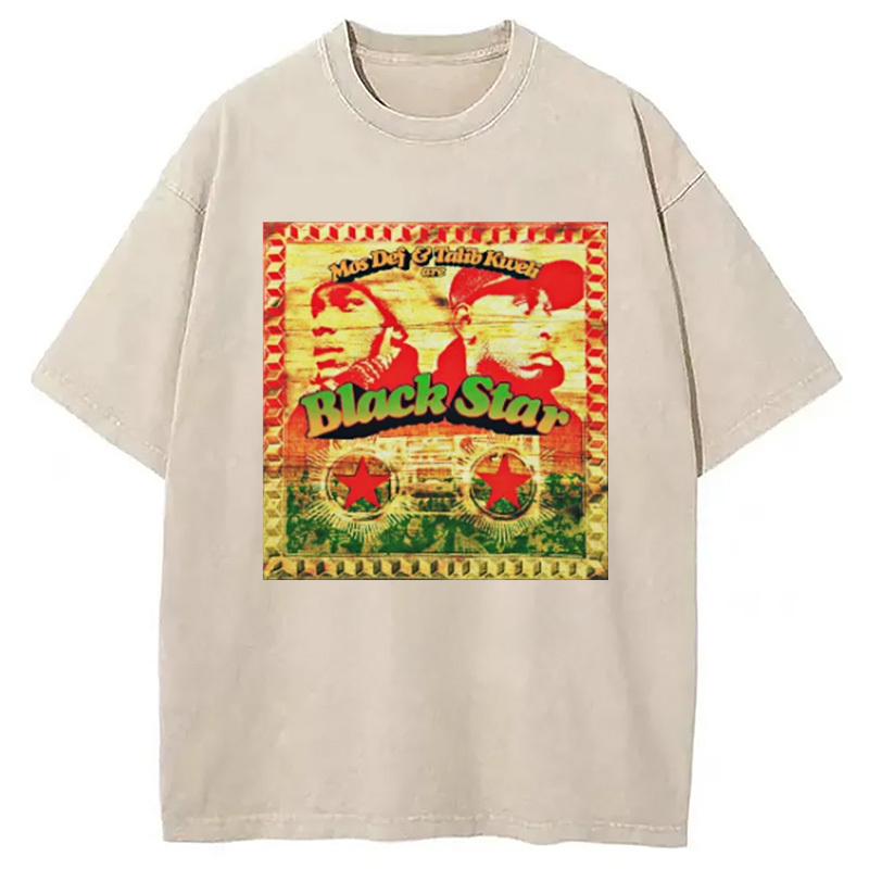 Black Star Hip Hop Washed T-Shirt Soft Cotton Daily Wear Tee Gifts For BFF
