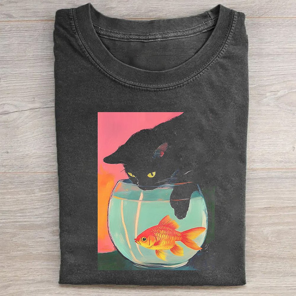 Black T-Shirt With Cat And Goldfish Bowl Graphic Design Funny Cat Lover Tee