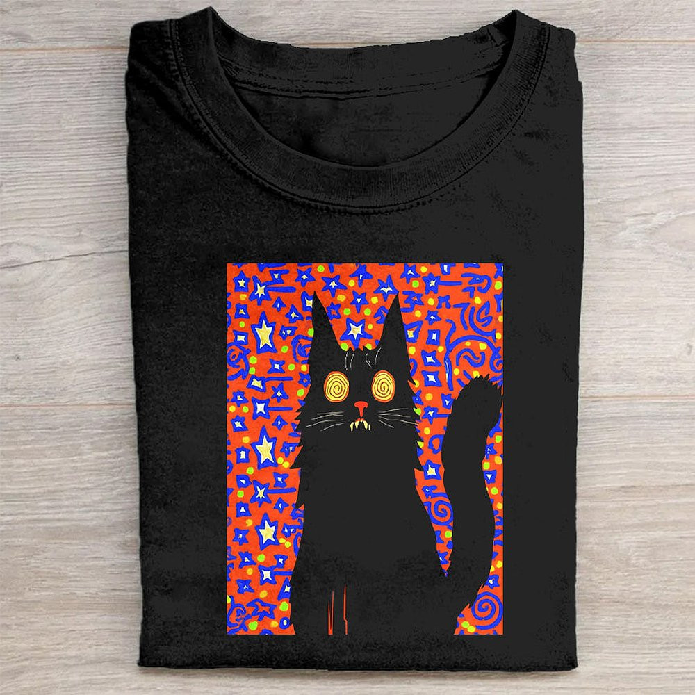 Black T-Shirt With Colorful Cat Graphic Design Artistic Cat Lover Tee